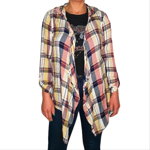 Roxy Loose Fit Plaid Hooded Long Sleeve Cover Size Large Pink Blue Yellow - Picture 1 of 5